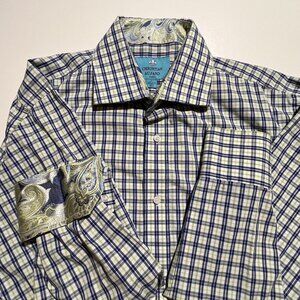 Christian Aujard Paris Mens Blue Yellow Long Sleeve Button Up‎ Size L Flip Cuff